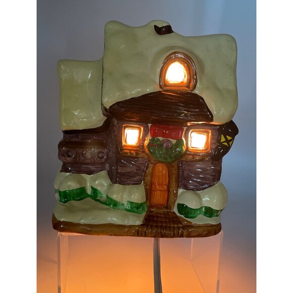 Vtg Holiday Ceramic Illuminated Cabin Snow House Hand Painted Village - Picture 1 of 15
